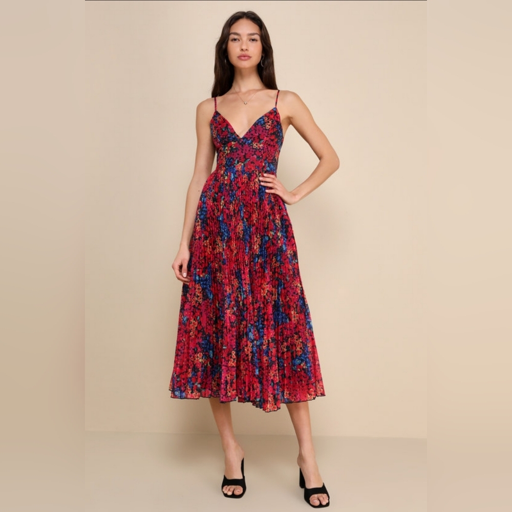 Lulu's Red Floral Pleated Midi Dress with Blue Accents